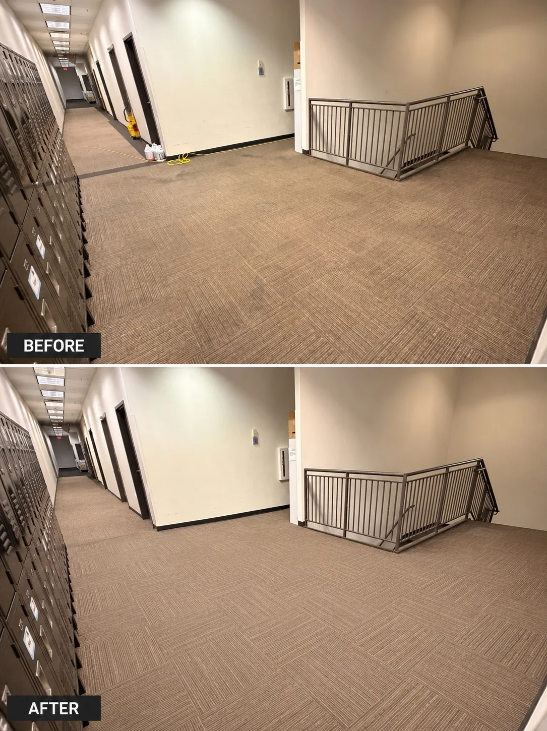 Carpet — lobby landing — before and after by Janitorial Pros LLC, Tulsa OK