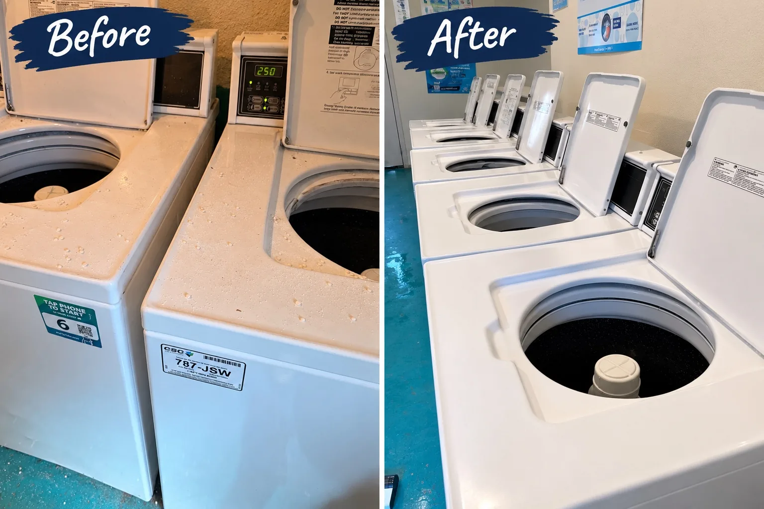 Laundromat — machines and lids — before and after by Janitorial Pros LLC, Tulsa OK