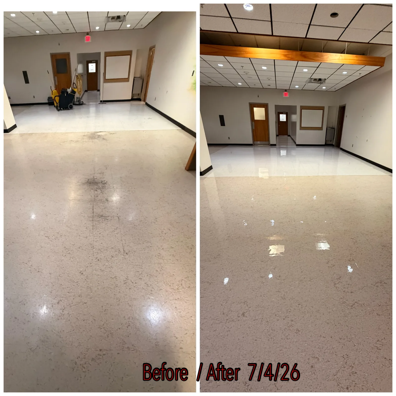 Strip and wax — VCT floor — before and after by Janitorial Pros LLC, Tulsa OK