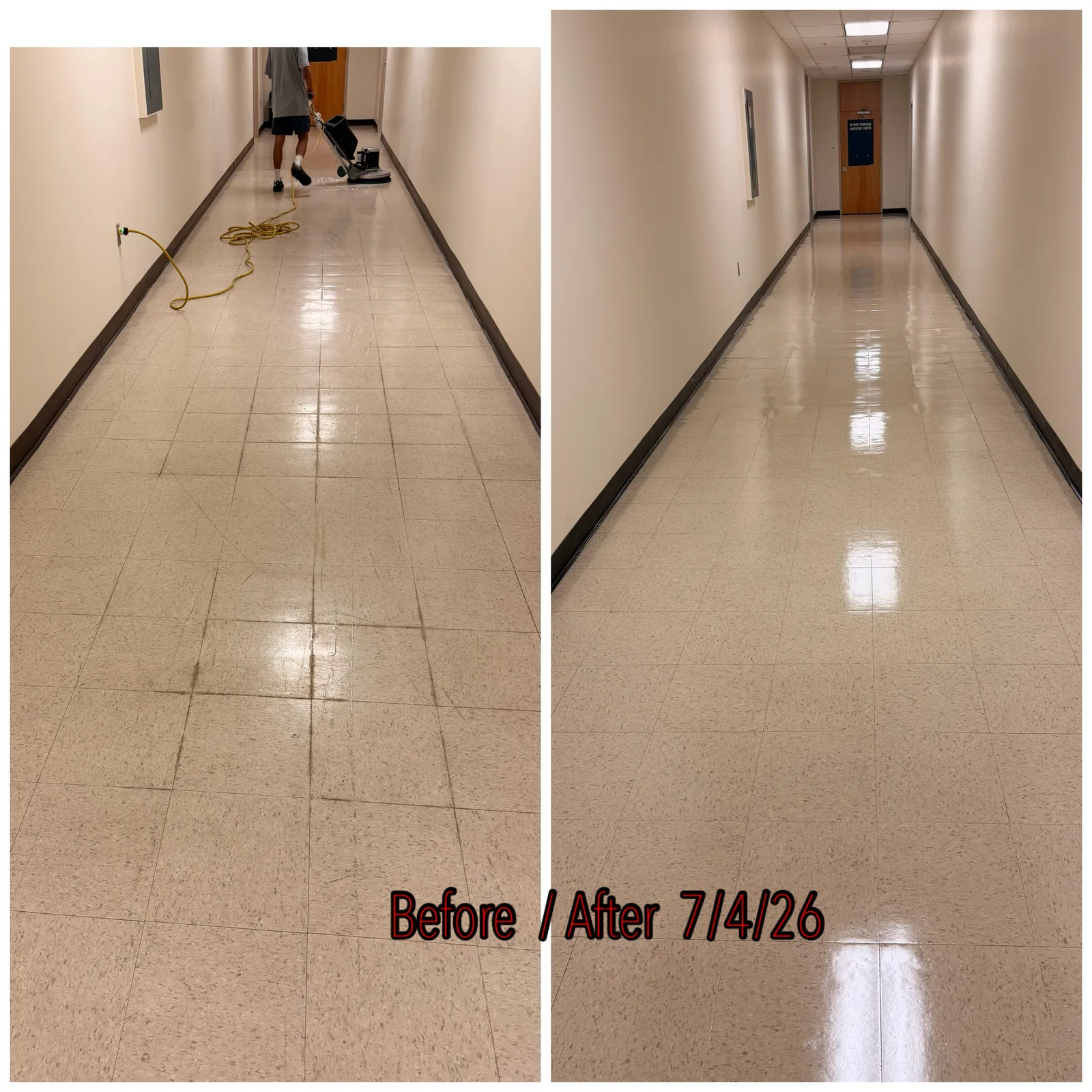 Strip and wax — hallway — before and after by Janitorial Pros LLC, Tulsa OK